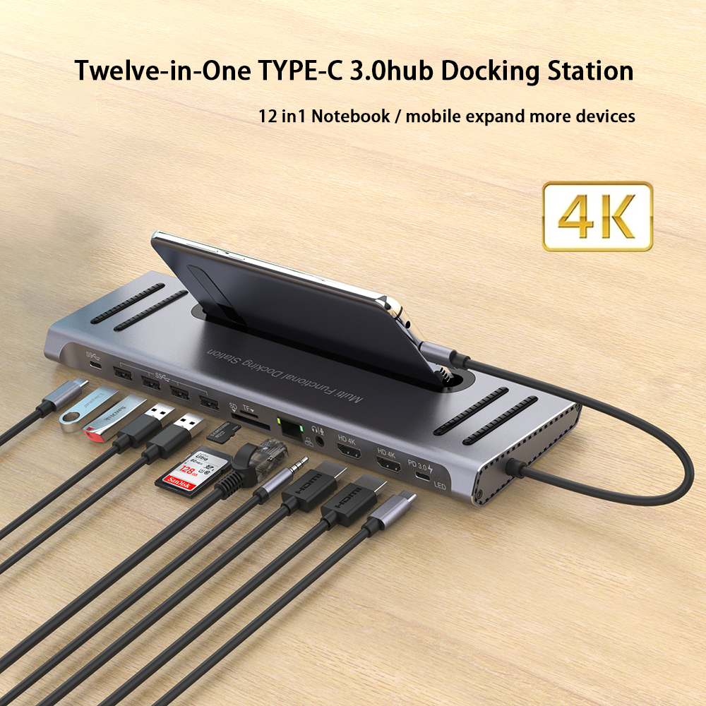 12 in 1 USB 허브 3.0 Type-C 어댑터 허브 다기능 도킹 스테이션 MacBook 노트북 용 HDMI 4K PD3.0 열 손실 공급